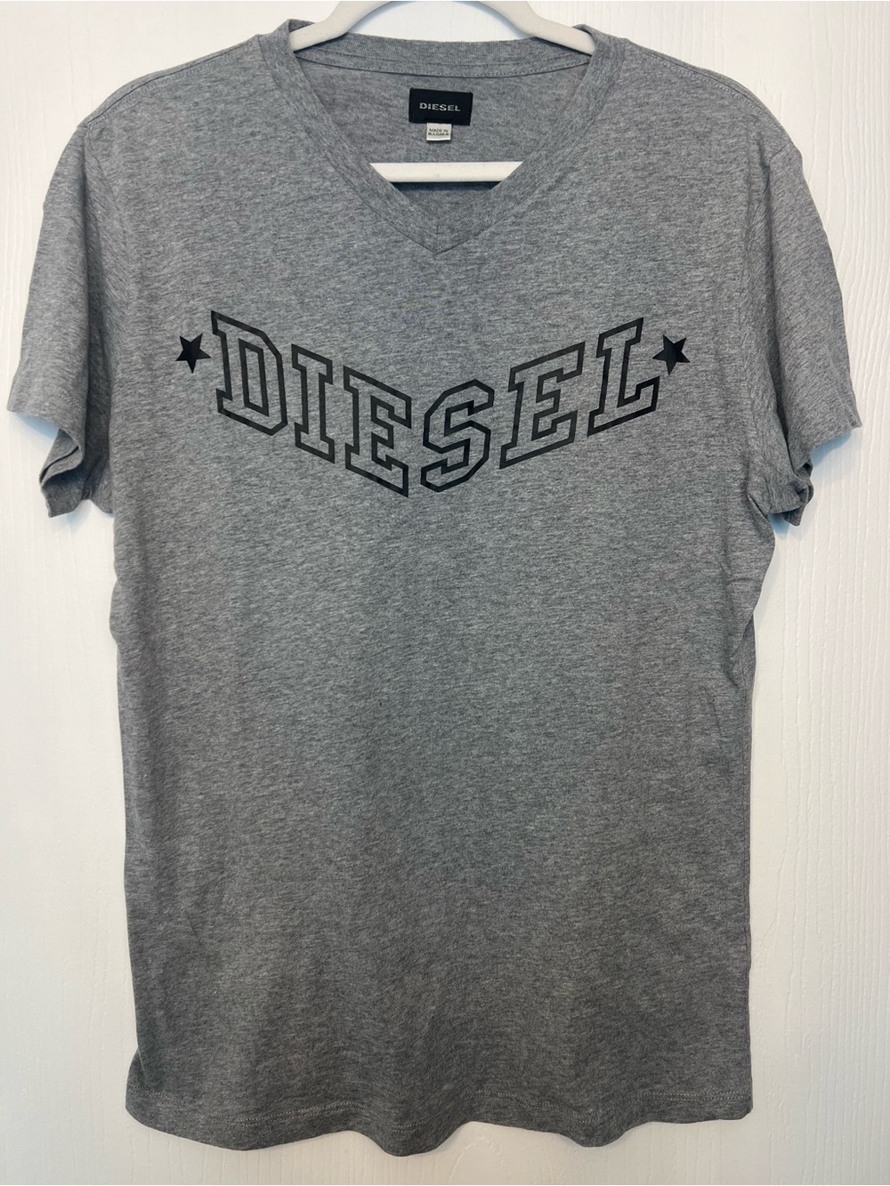 Diesel Gray V-Neck Logo Tee with Black Print